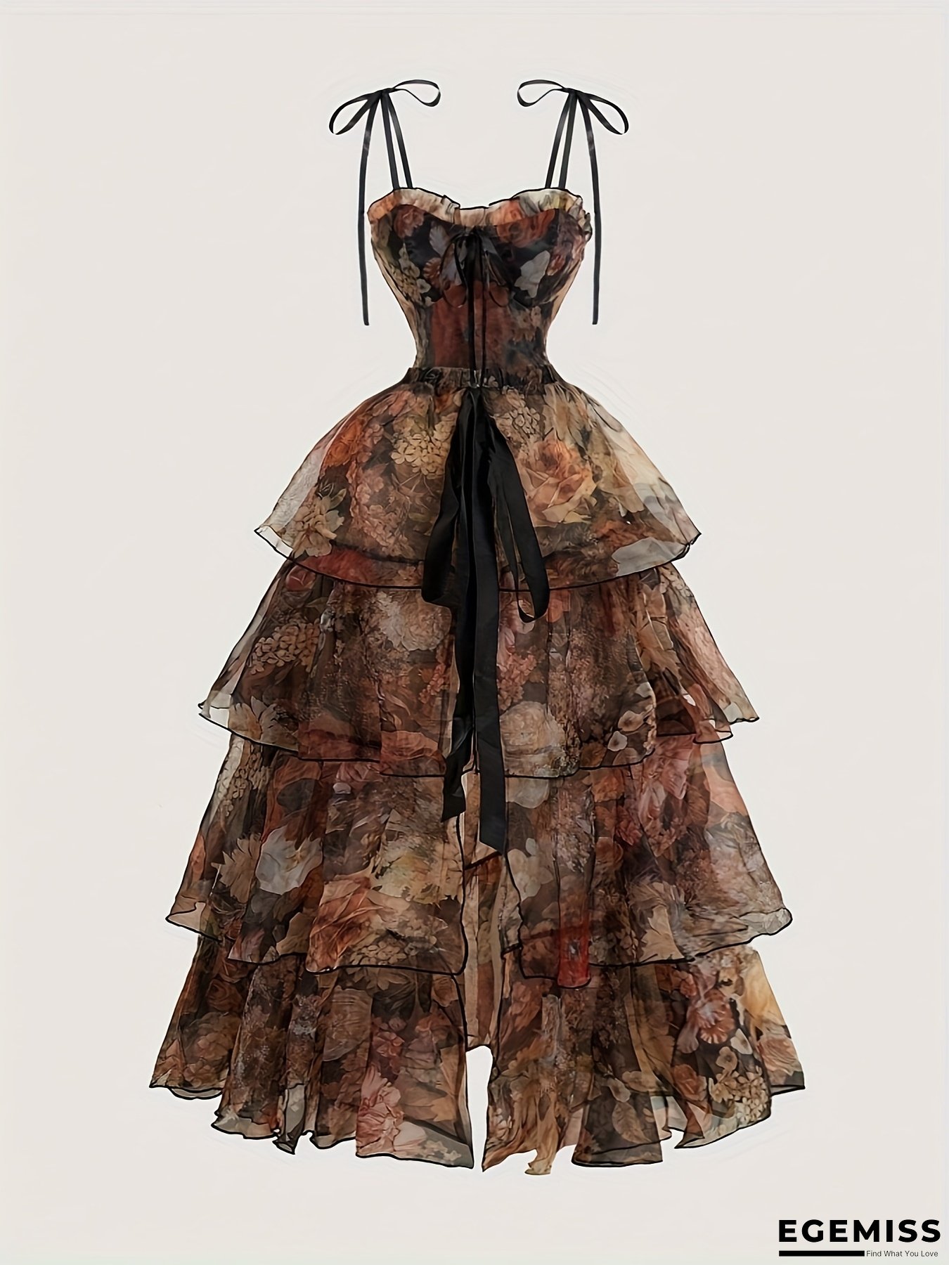 [Vintage Floral Dress Set] Vintage Floral Print Dress Set - Detachable Layered Skirt, Court Style, Birthday Gown, Cruise Attire, Overlay Dress, Women's Summer Evening Wear, Tea Party Dress, Ruffled Ensemble | EGEMISS