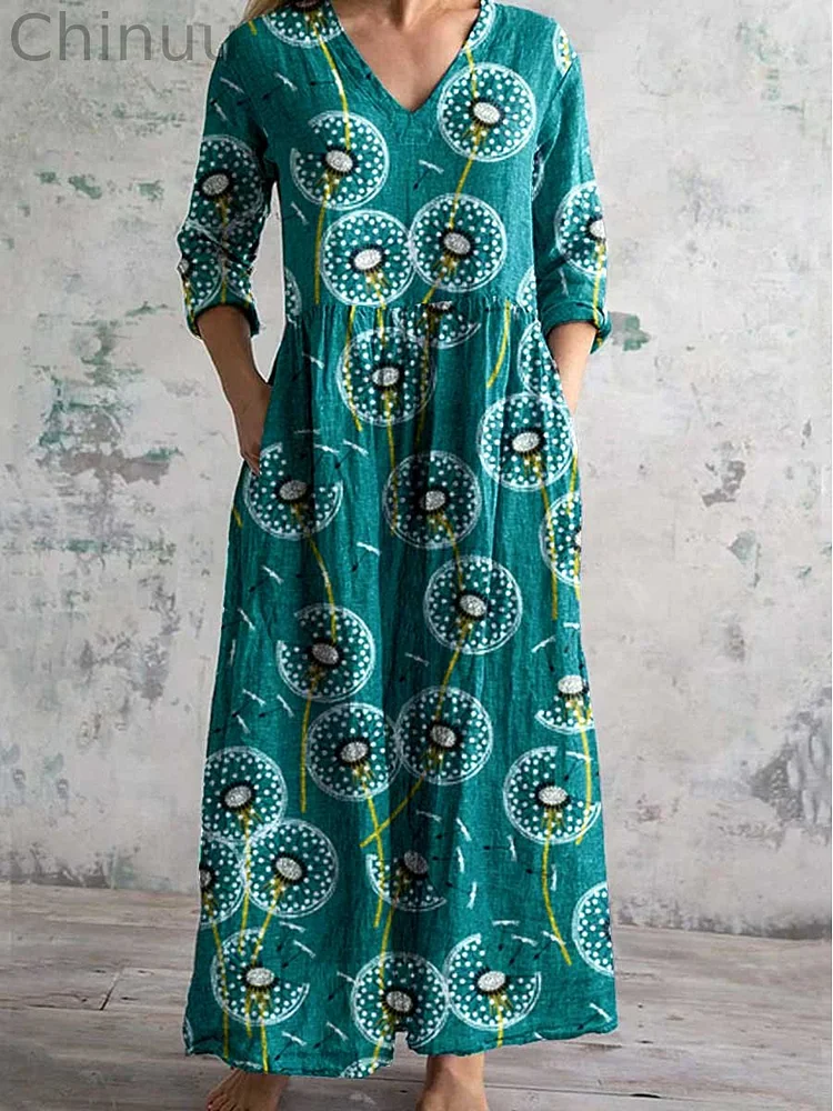 Women's Round Neck Seaweed Print Pattern Dress With Pockets