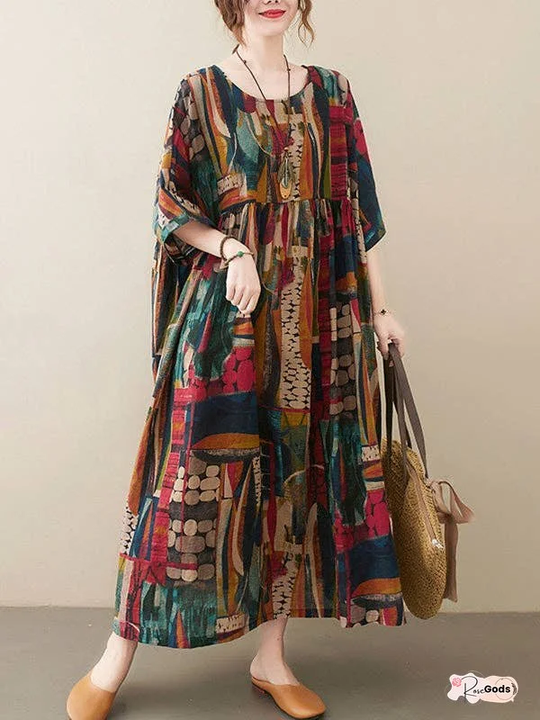 Vintage Loose Abstract Printed Pleated Round-Neck Half Sleeves Midi Dress