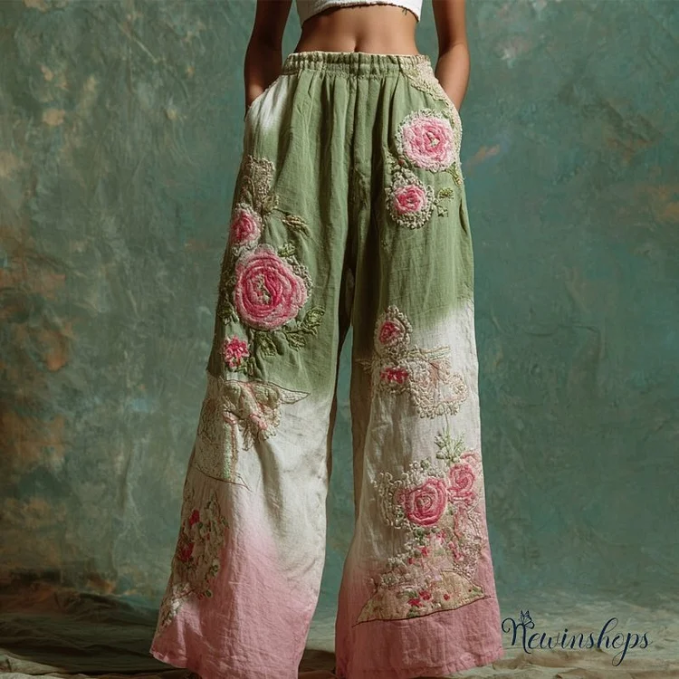 Vintage Pink Roses Embroidered Gradient Linen Pants
