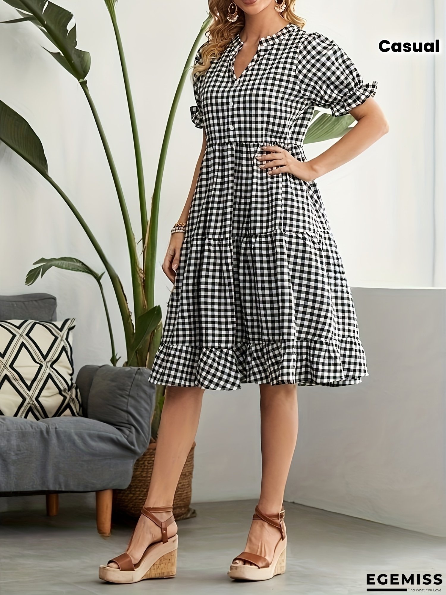 Women's Chic Black & White Gingham V-Neck Midi Dress With Ruffled Hem - Short Sleeve, Cinched Waist, Perfect For Spring/Summer, Casual To Semi-Formal Wear, Casual Summer Dress | Ruffled Hem Dress | Gingham Pattern, Cute Dresses | EGEMISS