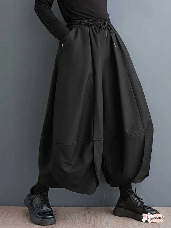 High Waisted Loose Drawstring Pleated Solid Color Pants Trousers