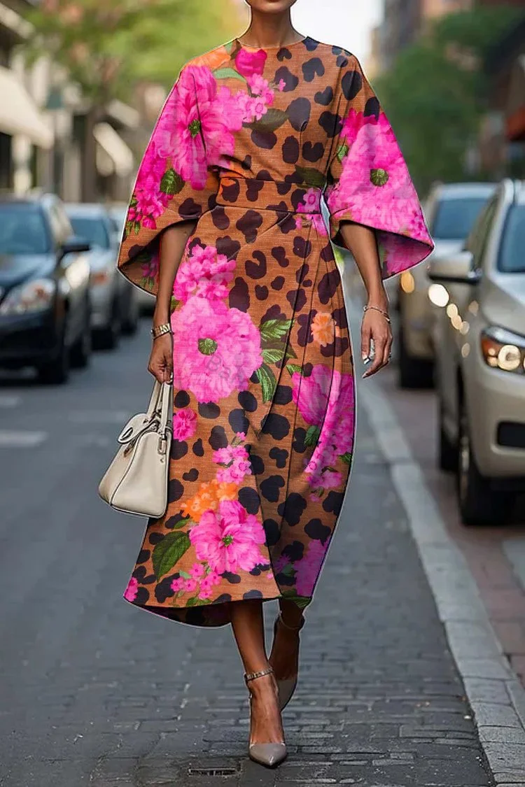 Women's Elegant Leopard Floral Print Midi Dress