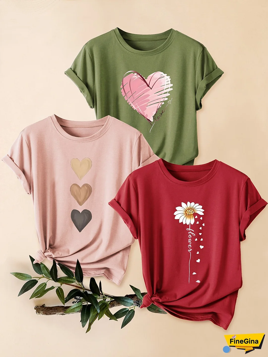 Three-Piece Wild Chrysanthemum Love Print Fashion Retro Style Women's Casual Sporty Round Neck Short Sleeve T-Shirt Set