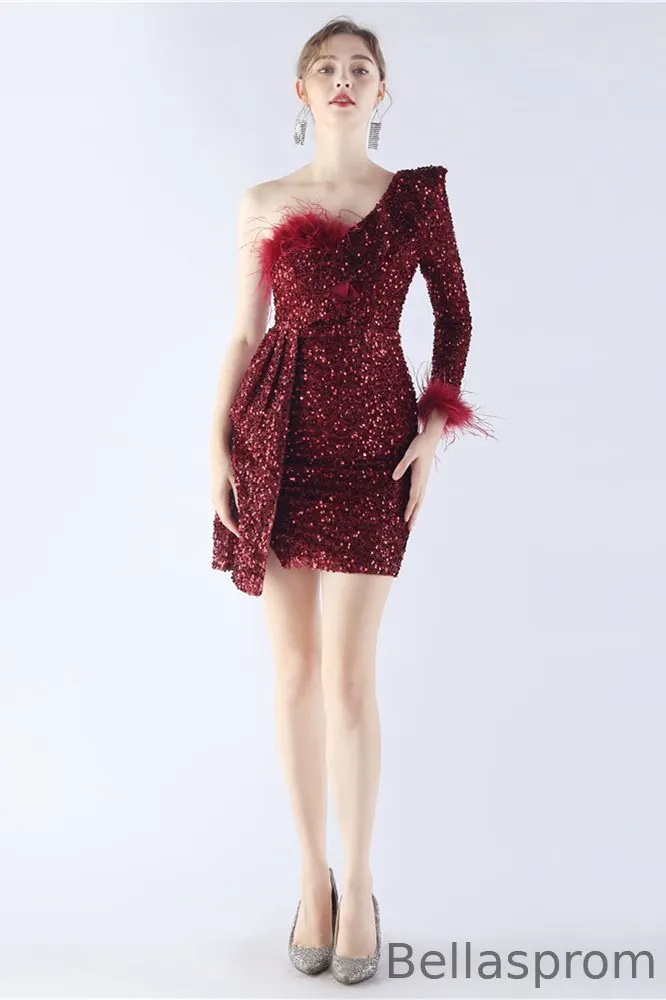 one sleeve holiday dress Handmade One Shoulder Mini Dress, Statement Sleeve, Belted Party Dress