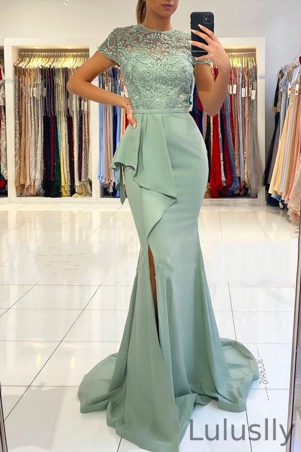 Luluslly Dusty Sage Short Sleeve Mermaid Prom Dress Lace With Slit