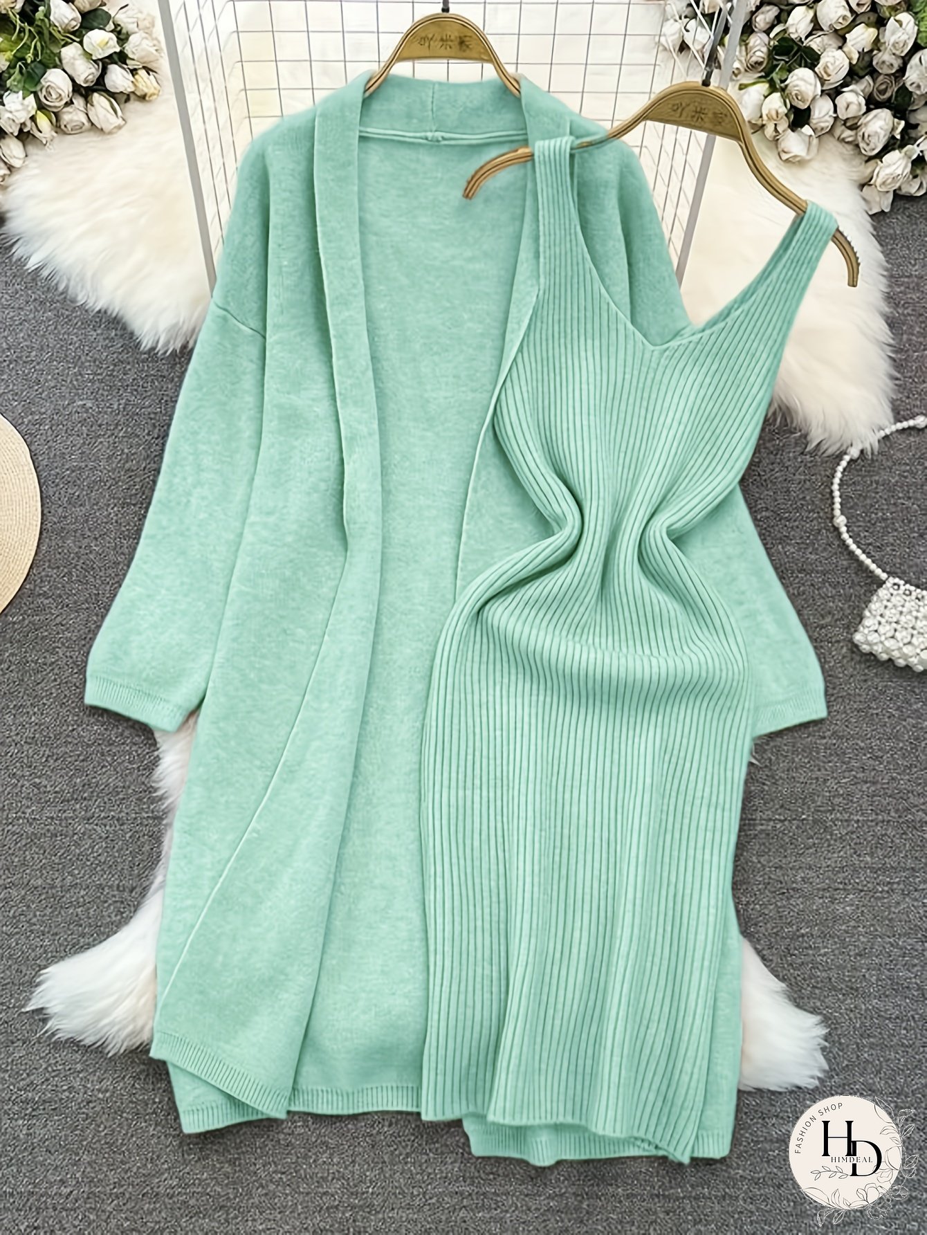 Womens Casual Two-Piece Set Long Sleeveless Cardigan Ribbed Dress Solid Color Button-Up
