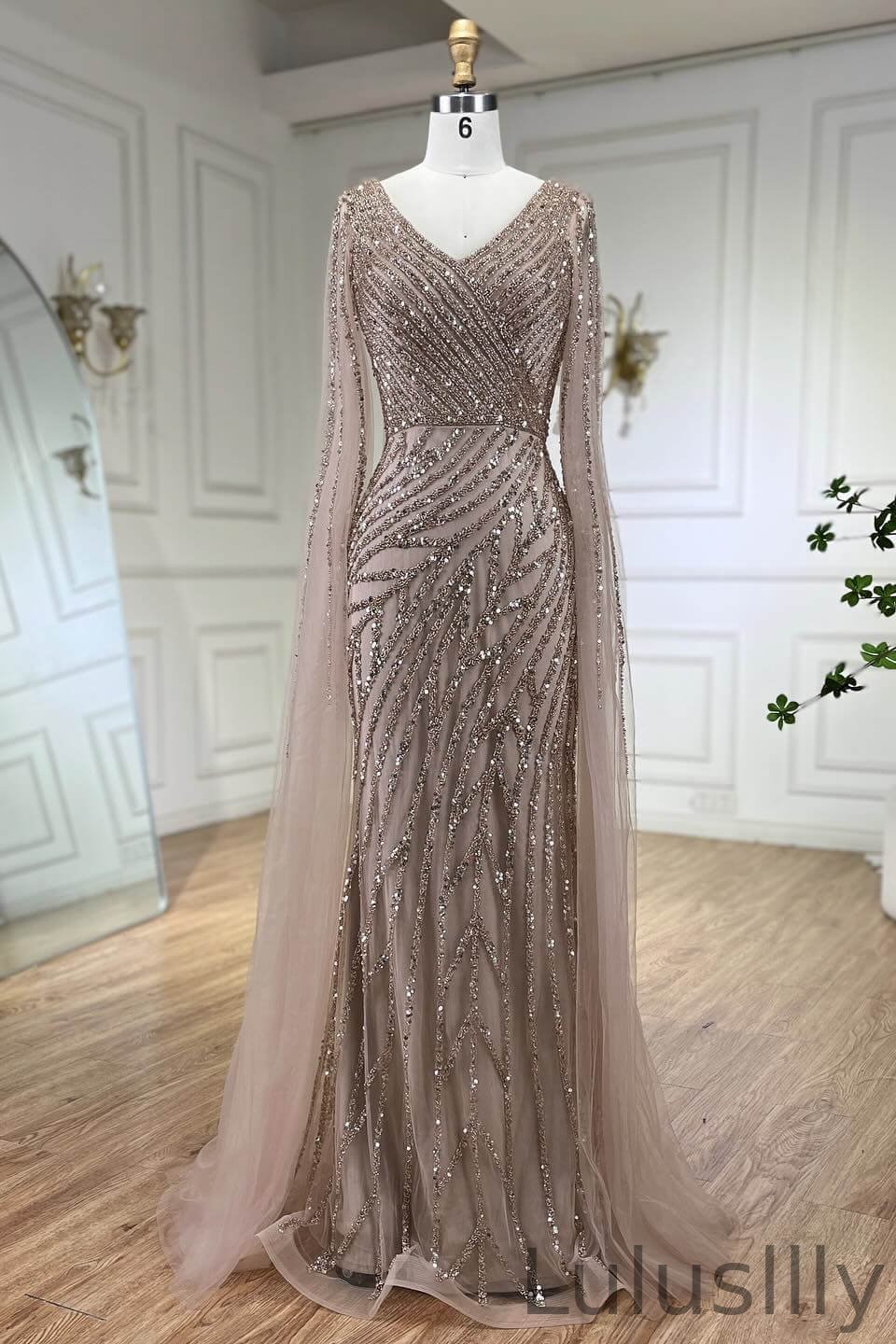 Classic V-Neck Ruffle Sleeves Mermaid Evening Gown With Sequins Beadings Online - lulusllly