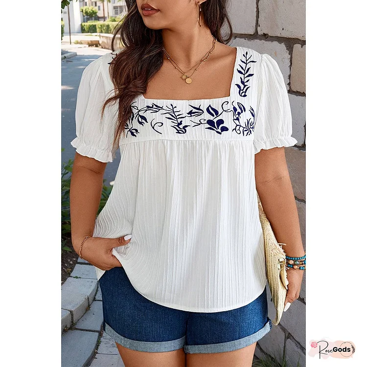 Plus Square Neck Floral Print Pleasted Puff Blouse