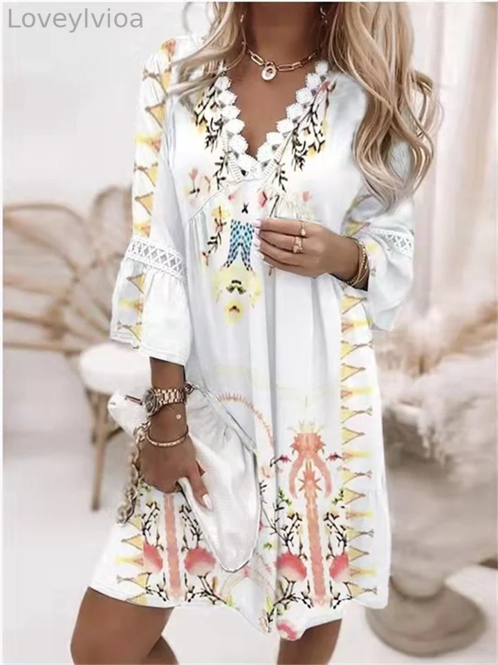V-neck Print Lace Splicing Bohemian Wind Casual Resort Style Dress