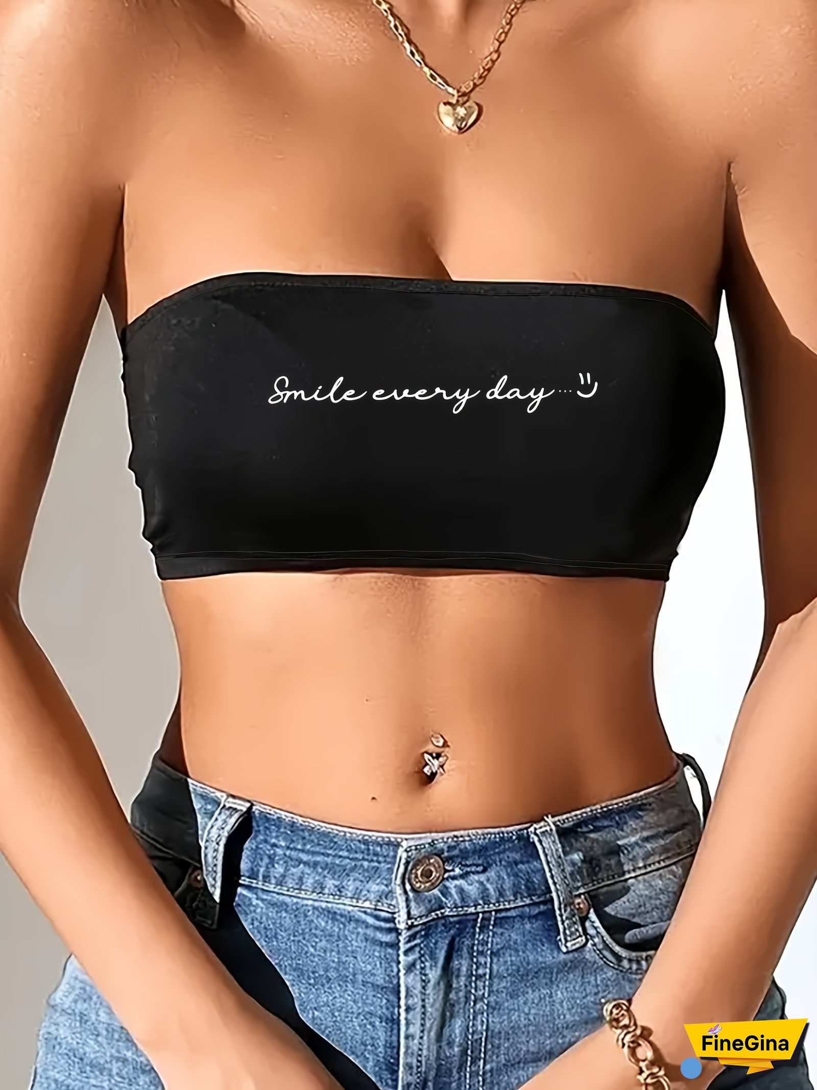 Women's Y2K Black Strapless Crop Top with "Smile Every Day" Print - Sexy, Comfortable, and Non-See-Through for Spring and Summer Casual Wear, Everyday Crop Top | Sexy Bandeau Style | Trendy Design