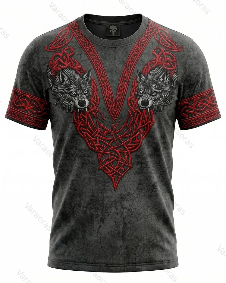 Men's Fashionable Viking Contrast Color Double Wolf Print T-shirt 5349