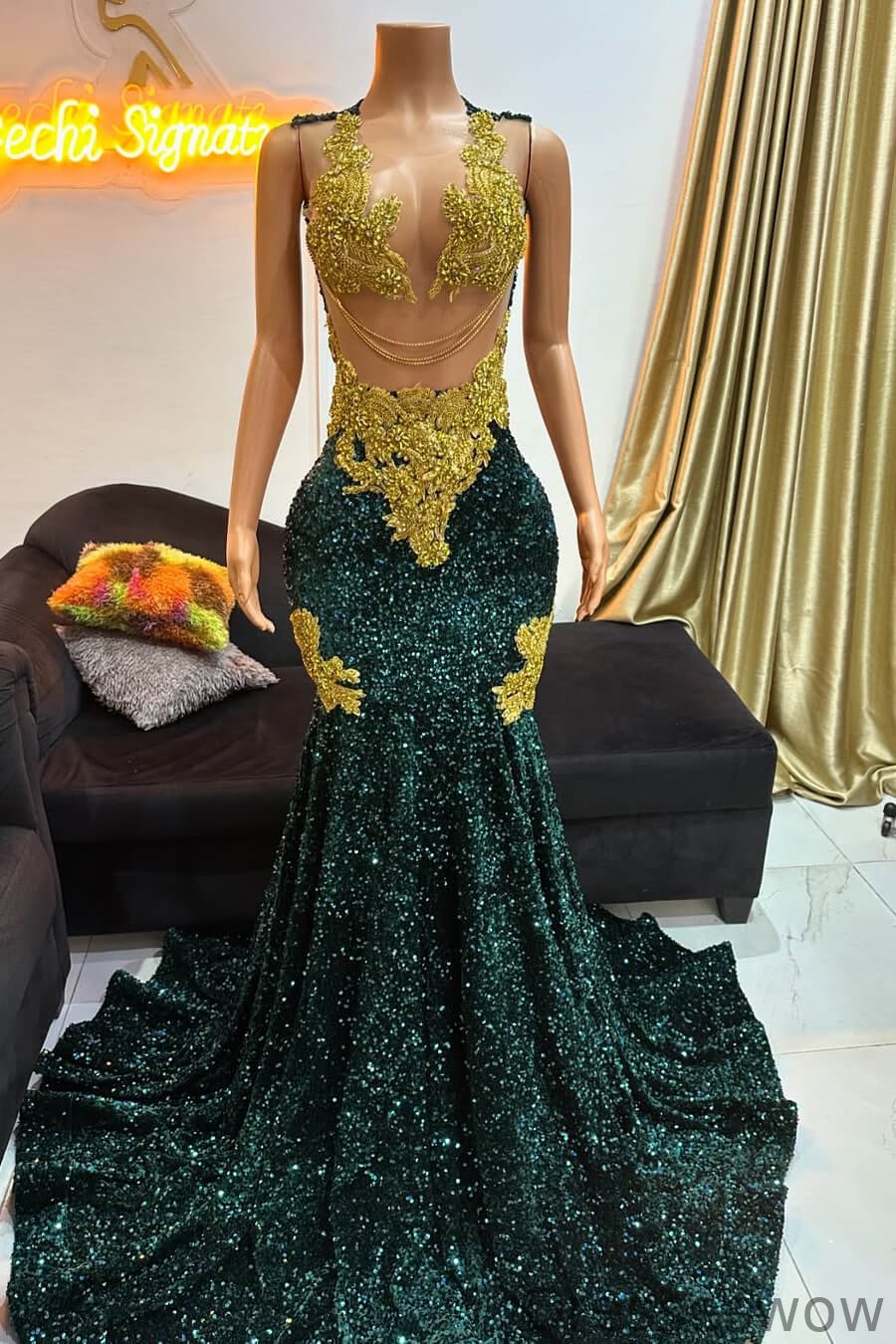 Dresseswow Dark Green Mermaid Sequins Prom Dress Sleeveless With Gold Beads