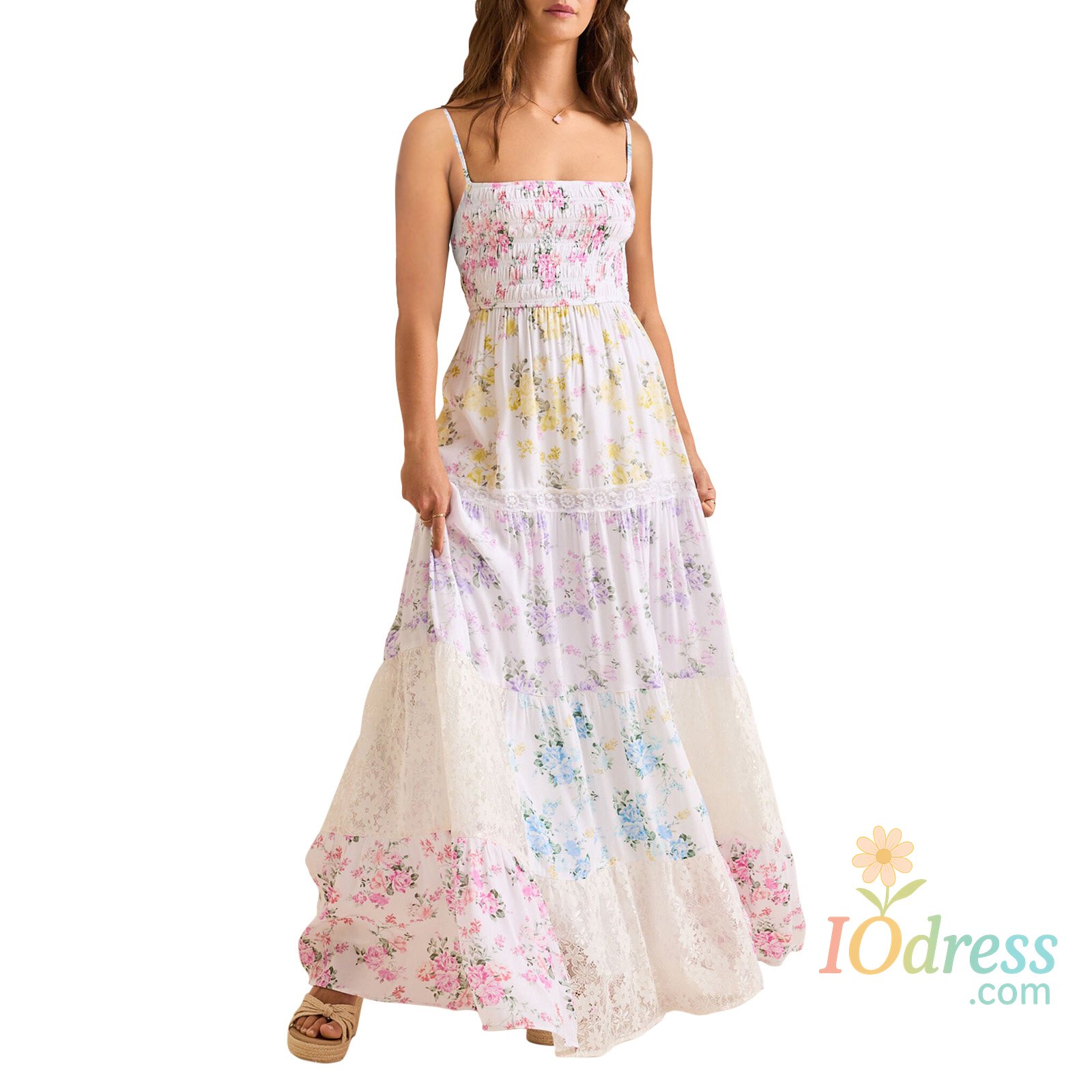 IO Dress Combhasaki Women Summer Sleeveless Flower Print Contrast Color Adjustable Thin Straps Smocked Flowy A-line Long Cami Slip Dress