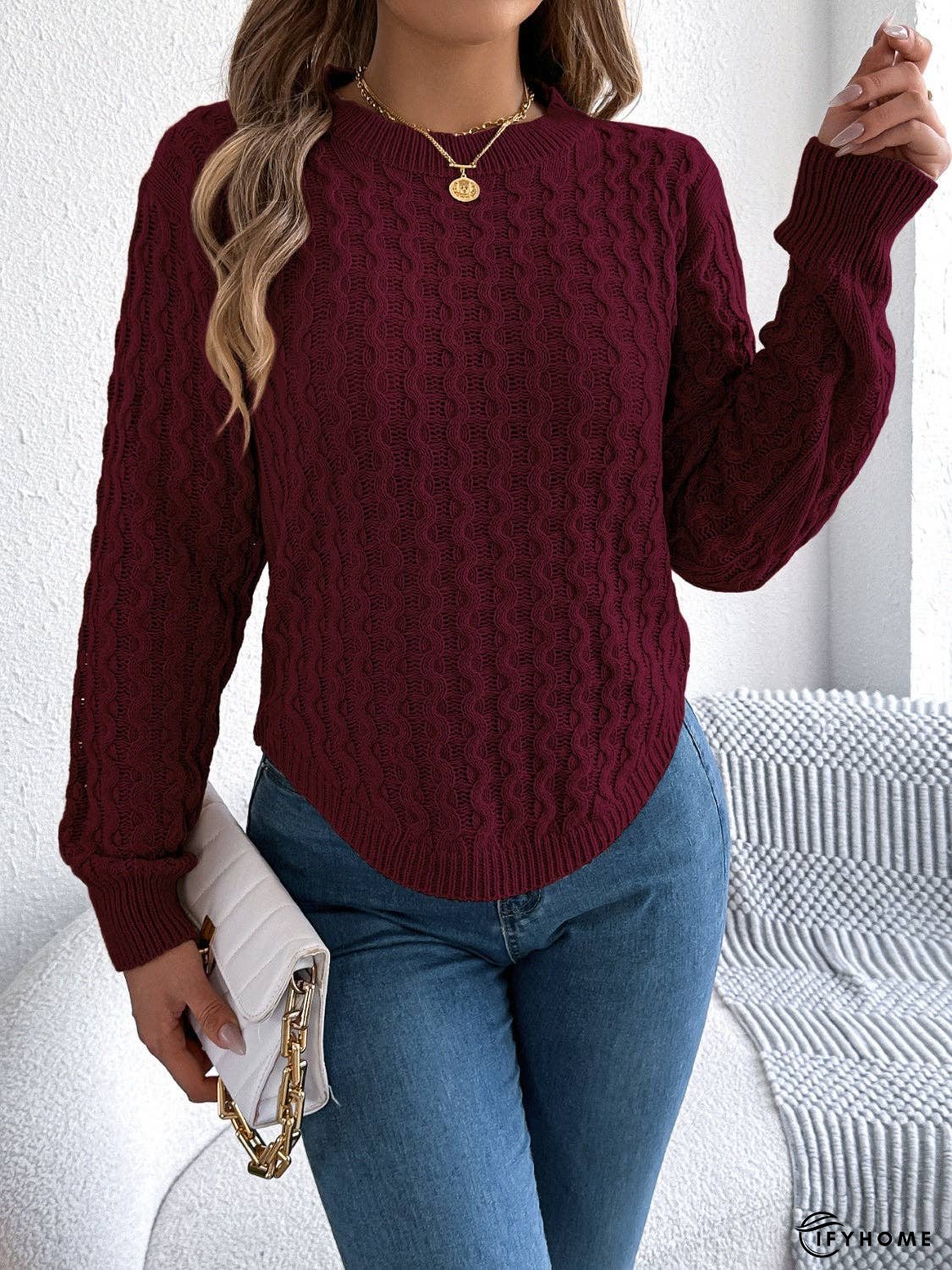 Asymmetric Hem Round Neck Long Sleeve Sweater | IFYHOME