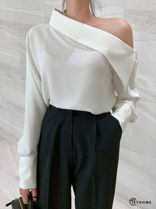 Long Sleeves Buttoned Solid Color Split-Joint Off-The-Shoulder Blouses&Shirts Tops | IFYHOME