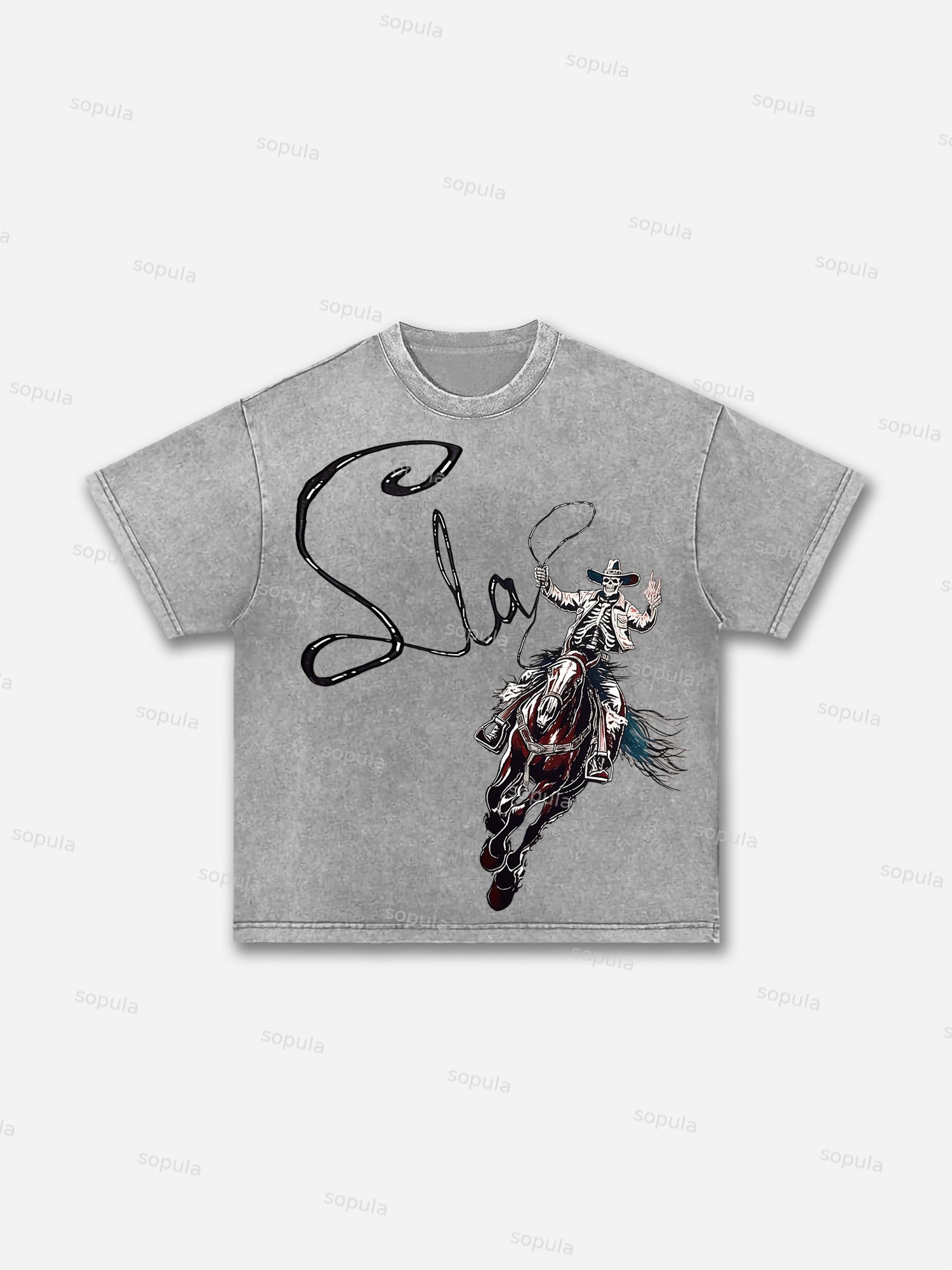 Skeleton Cowboy Acid Wash T-shirt
