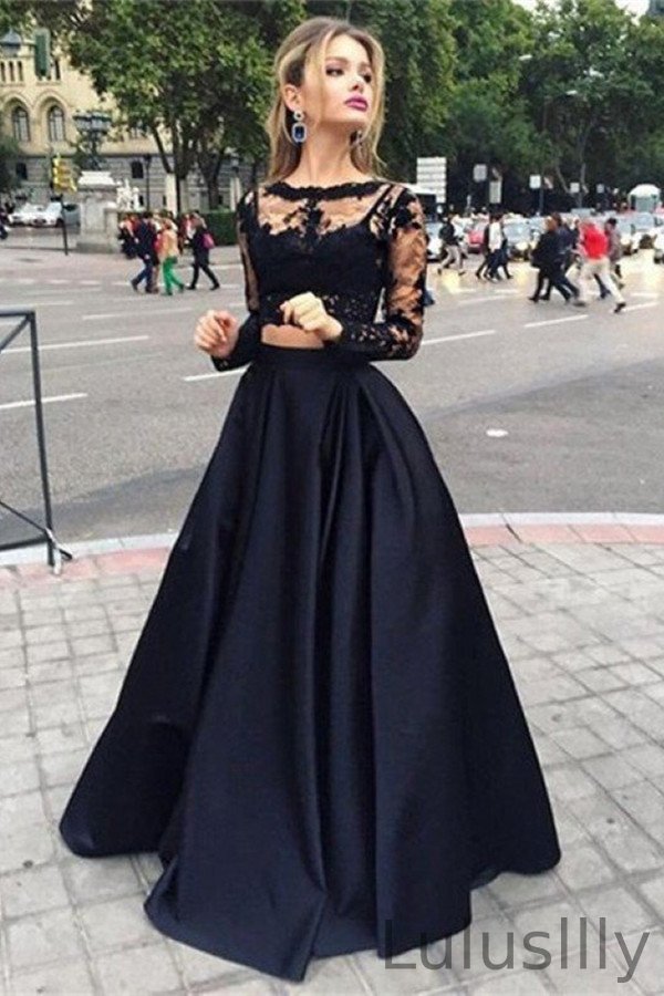 Fabulous Long Sleeves Black Lace Prom Dress Two Pieces - lulusllly