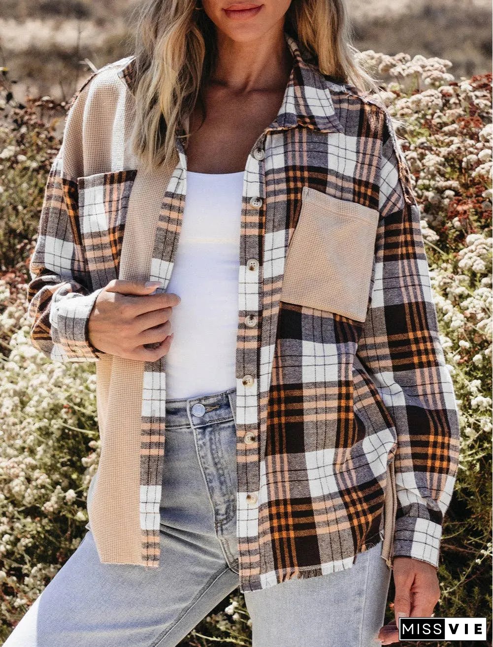 Thermal Knit Plaid Patchwork Shacket