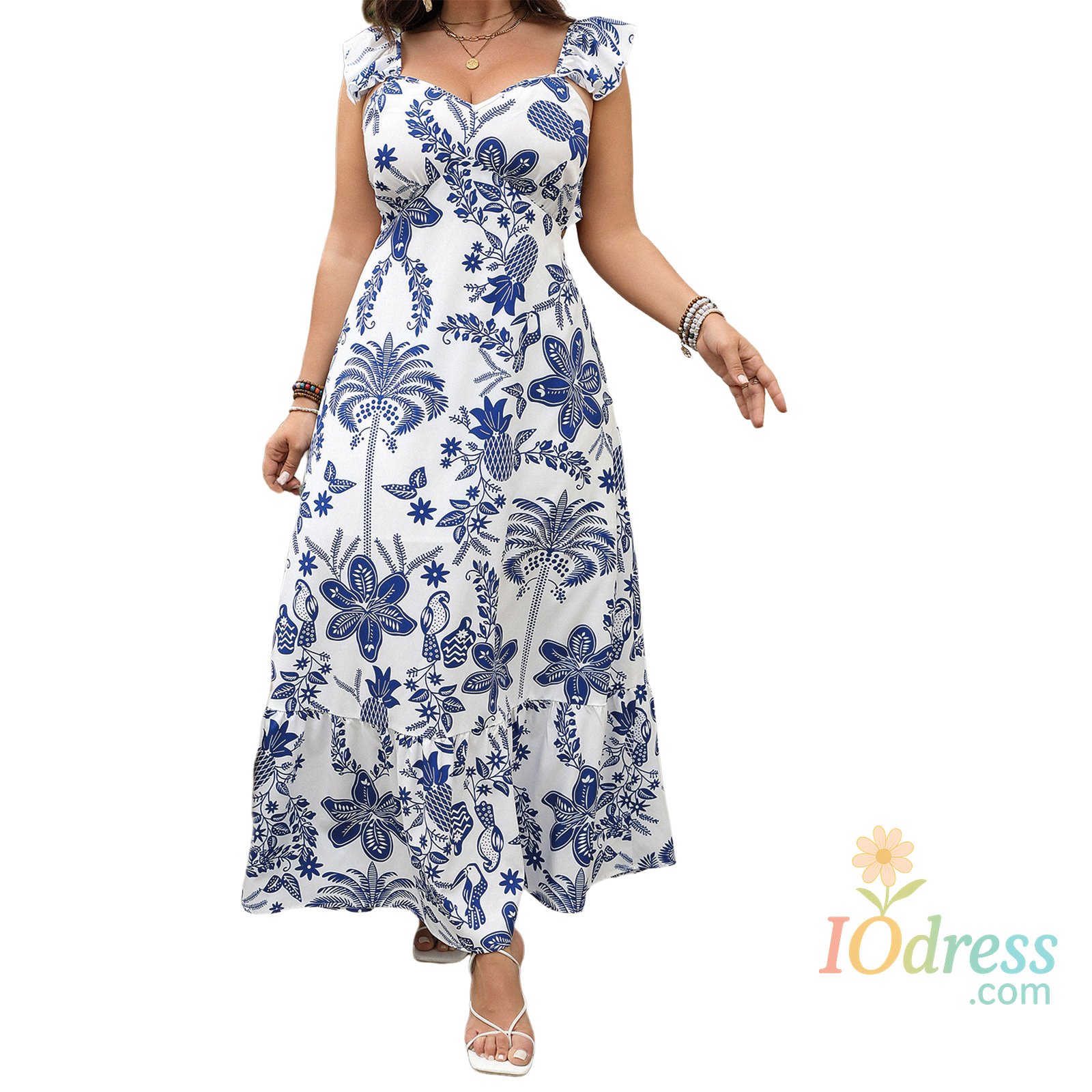 IO Dress Elegant Women s Summer Dress with Floral Print V Neckline Sleeveless Design and Backless Detail in Plus Size A-Line IO Dress