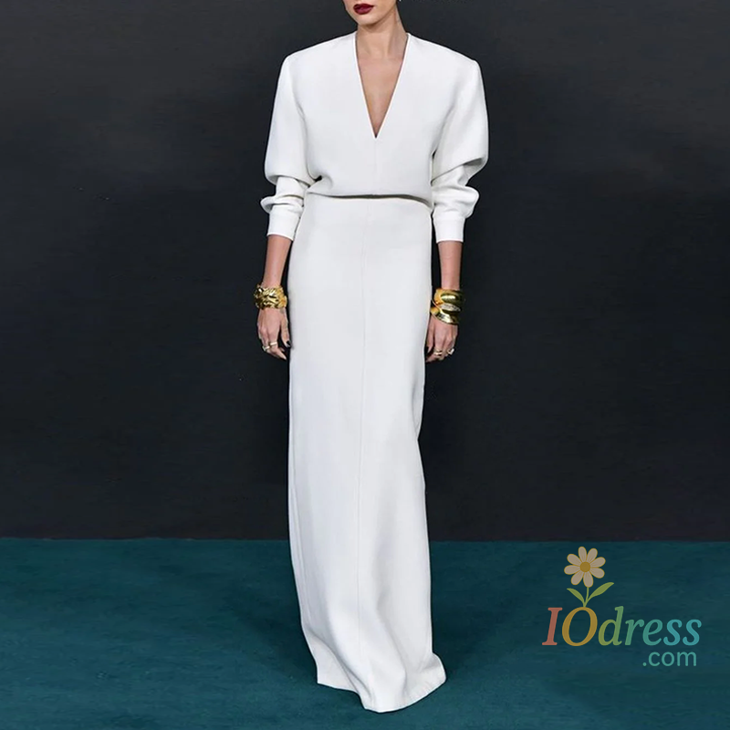 IO Dress Modigirl Spring Autumn Deep V White Long Dress Women 2025 Long Sleeve Casual Simple Party Evening Maxi Dresses Woman Clothing