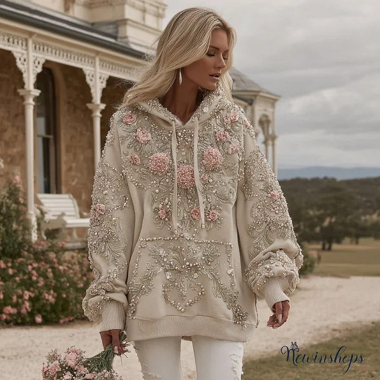 Women's Pink Floral Embroidery Art Long Sleeve Casual Hoodie