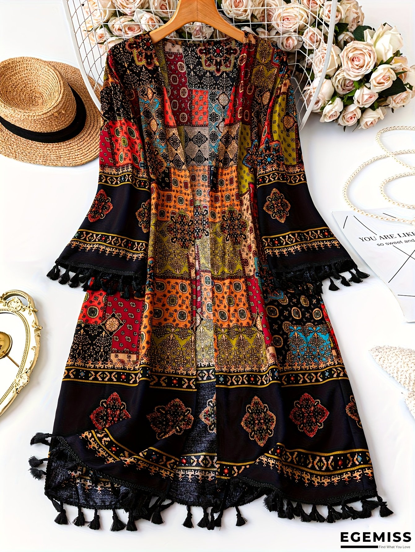 Women's Elegant Paisley Print Sweater - Three-Quarter Sleeve Cover-up with Fringe, Lightweight Wrap Cardigan in Black/Red/Teal/ Golden/ Brown/ for Beach, Formal Events - Machine Washable Non-See-Through Clothing, Spring Fashion, Bohemian Style | EGEMISS