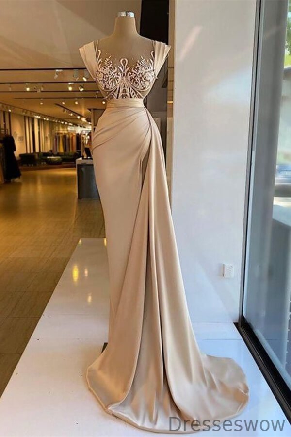 Dresseswow Champagne Sleeveless Mermaid Formal Dresses With Split Ruffles Appliques