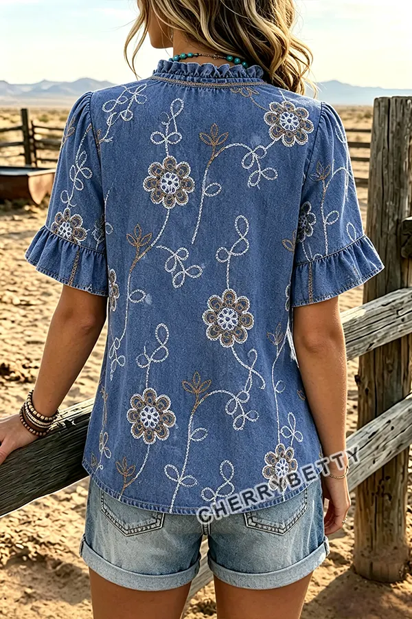 Chic Flower Embroidered V-Neck Ruffle Sleeve Blouse