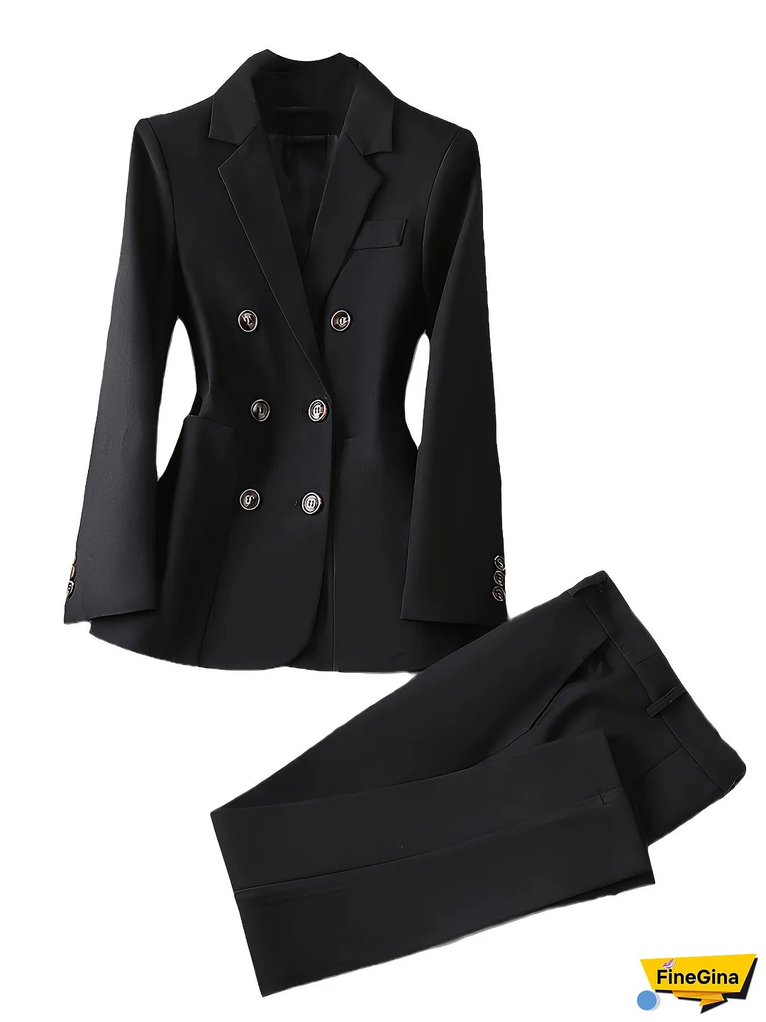 Women‘s Solid Color Casual Suit Two-Piece Set, Regular Fit with V-Neck and Button Details, for Spring/Summer/Fall, Adult