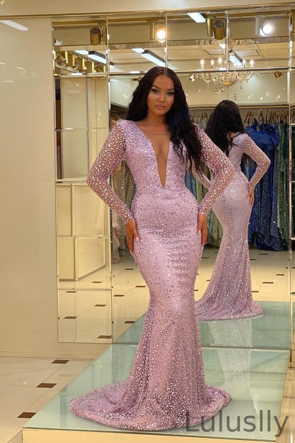 Luluslly Long Sleeves Deep V-Neck Evening Dress Mermaid With Crystal