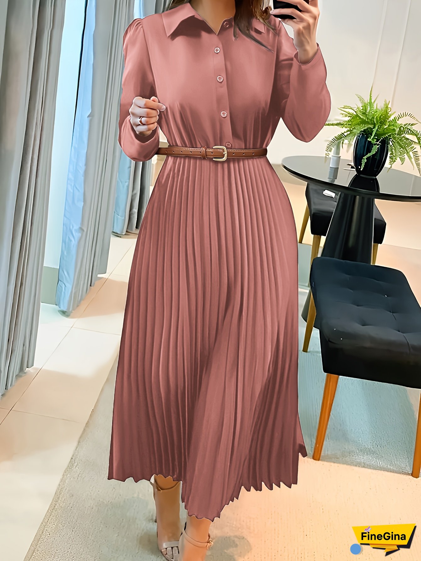 Women's Elegant A-Line Midi Dress With Pleated Detail & Adjustable Waist Belt - Long Sleeve Button- Collar Solid Color Office Commute Dress For Spring/Fall, Machine Washable, Fall Wardrobe Staple | Flowy Fabric Gown