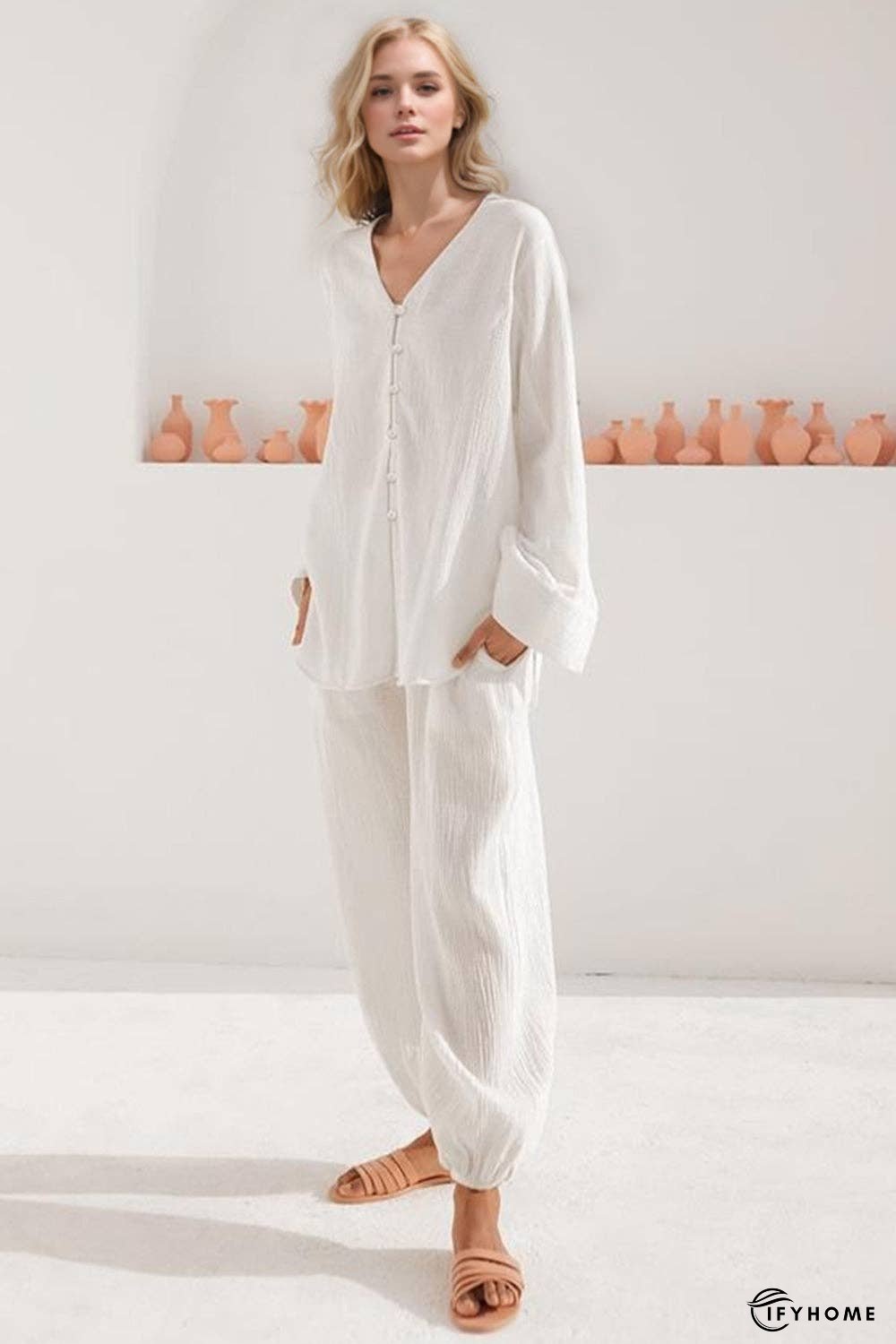 Basic Bae Buttery-Soft V-Neck Long Sleeve Top and Pants Set | IFYHOME