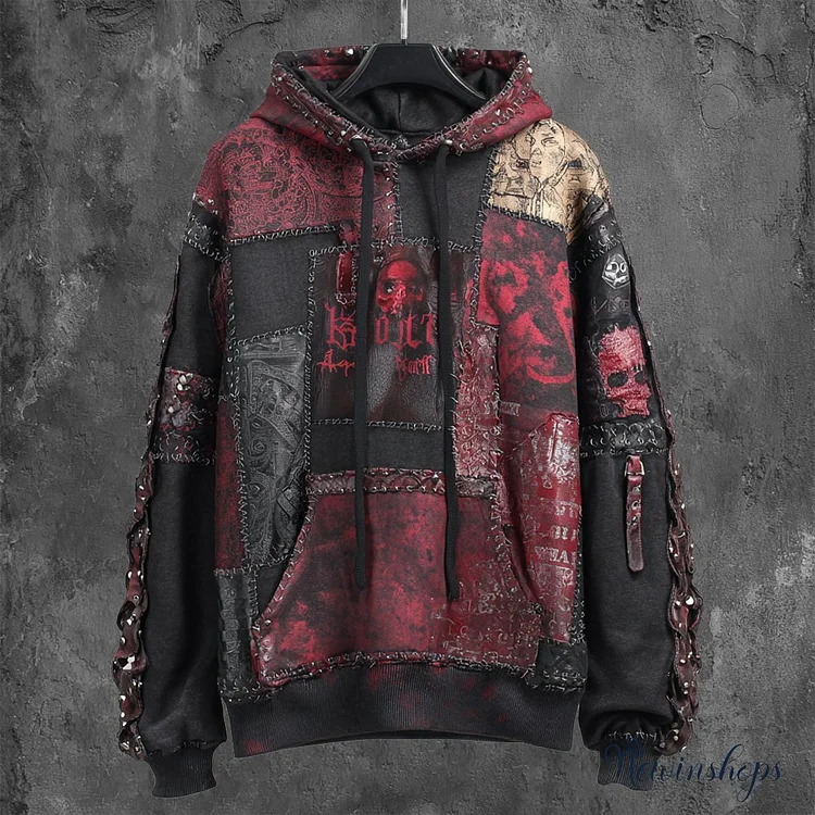 Dark Rock Style Men's Worn Hooded Sweatshirt