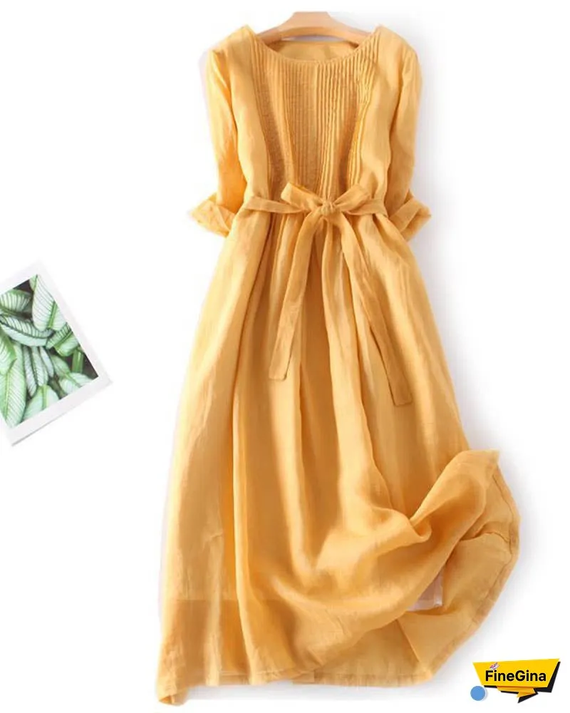 Loose Cotton Linen Tie Three Quarter Sleeve Dress
