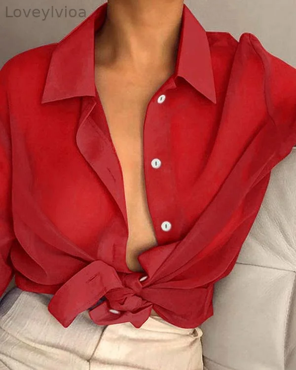 Lapel Sexy Solid Color Long Sleeve Transparent Shirt