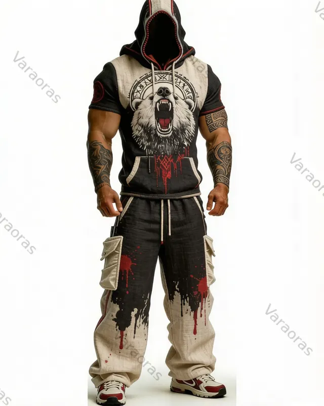 Men's Nordic Viking style with Viking Bear decorations top and trousers  two-piece set 1712