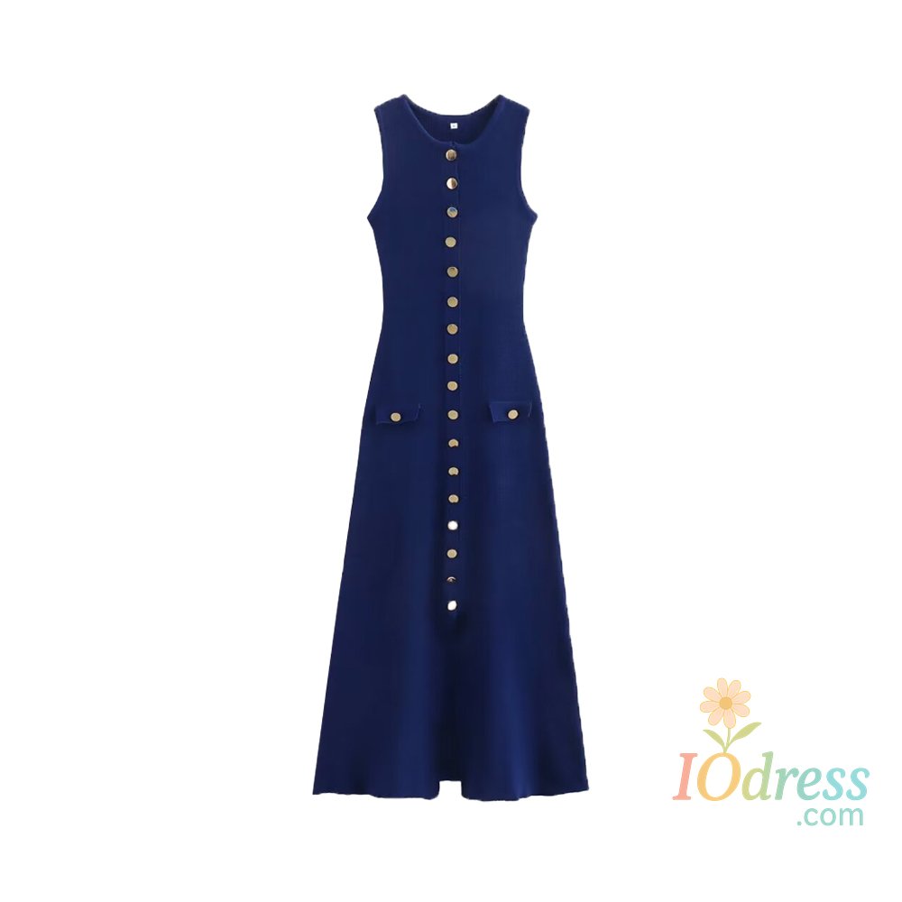 IO Dress TRZA Women Chic Fashion With Golden Buttons Knitted Midi Dress O Neck Sleeveless Female Dresses Vestidos Mujer IO Dress