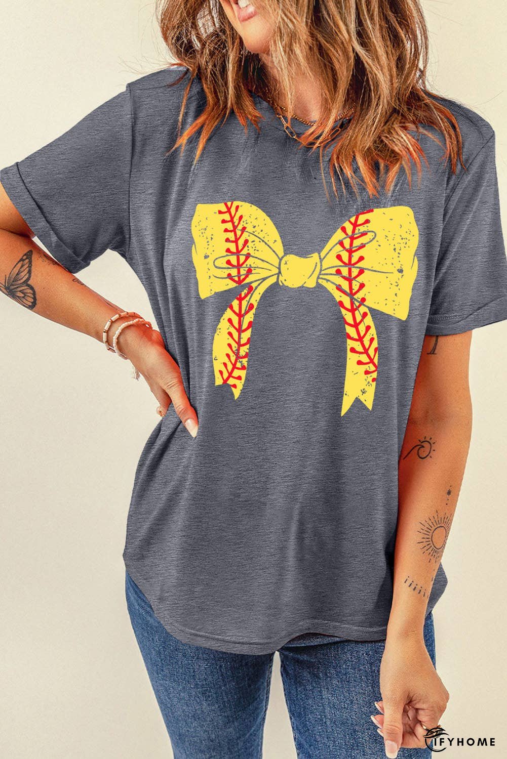 Black Baseball Bowknot Graphic Roll Up Sleeve Tee | IFYHOME