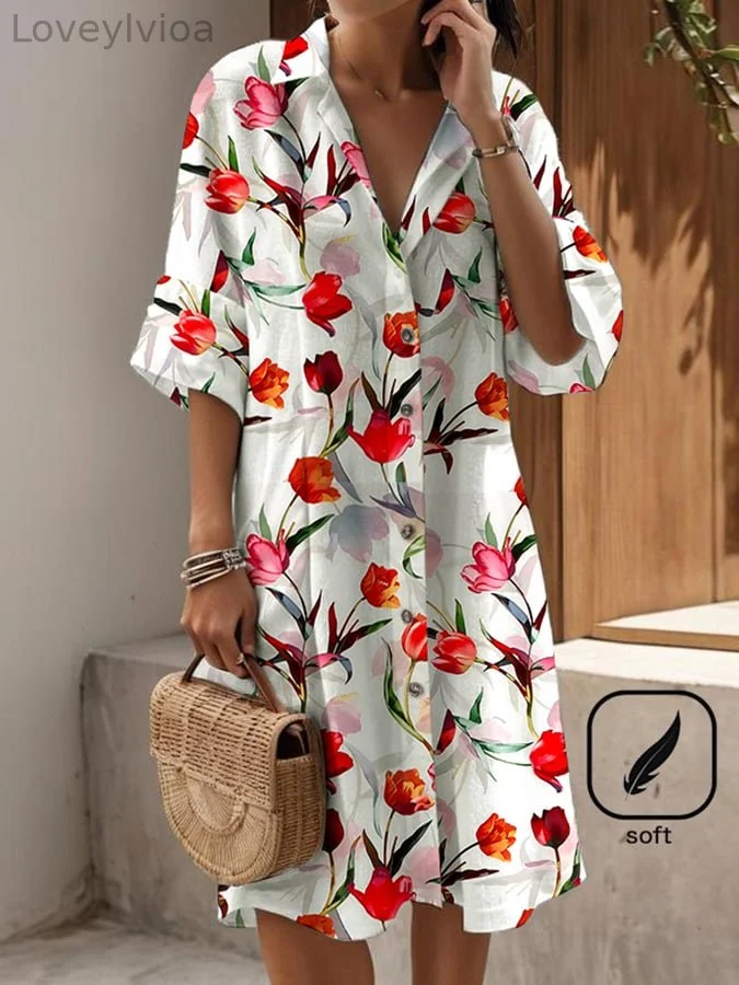 Women's Elegant Floral Print Shirt Dress