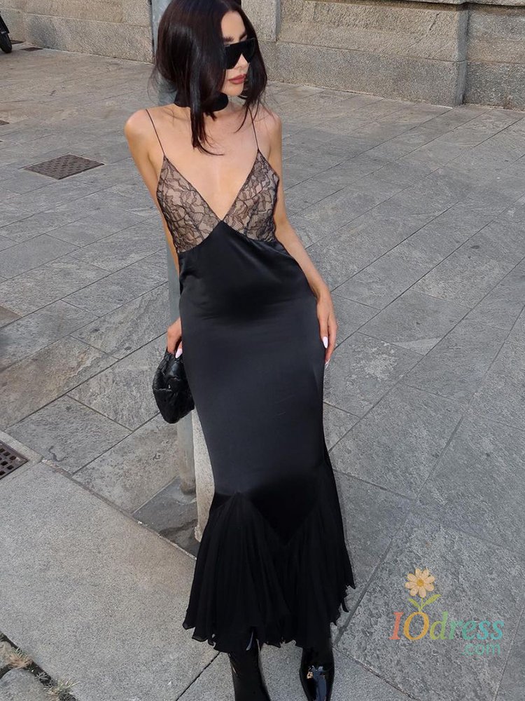 IO Dress Dulzura Satin Backless V-Neck Lace-Up Mesh Patchwork Midi Dress 2023 Summer For Women Sexy  Evening Party Elegant Clubwear IO Dress