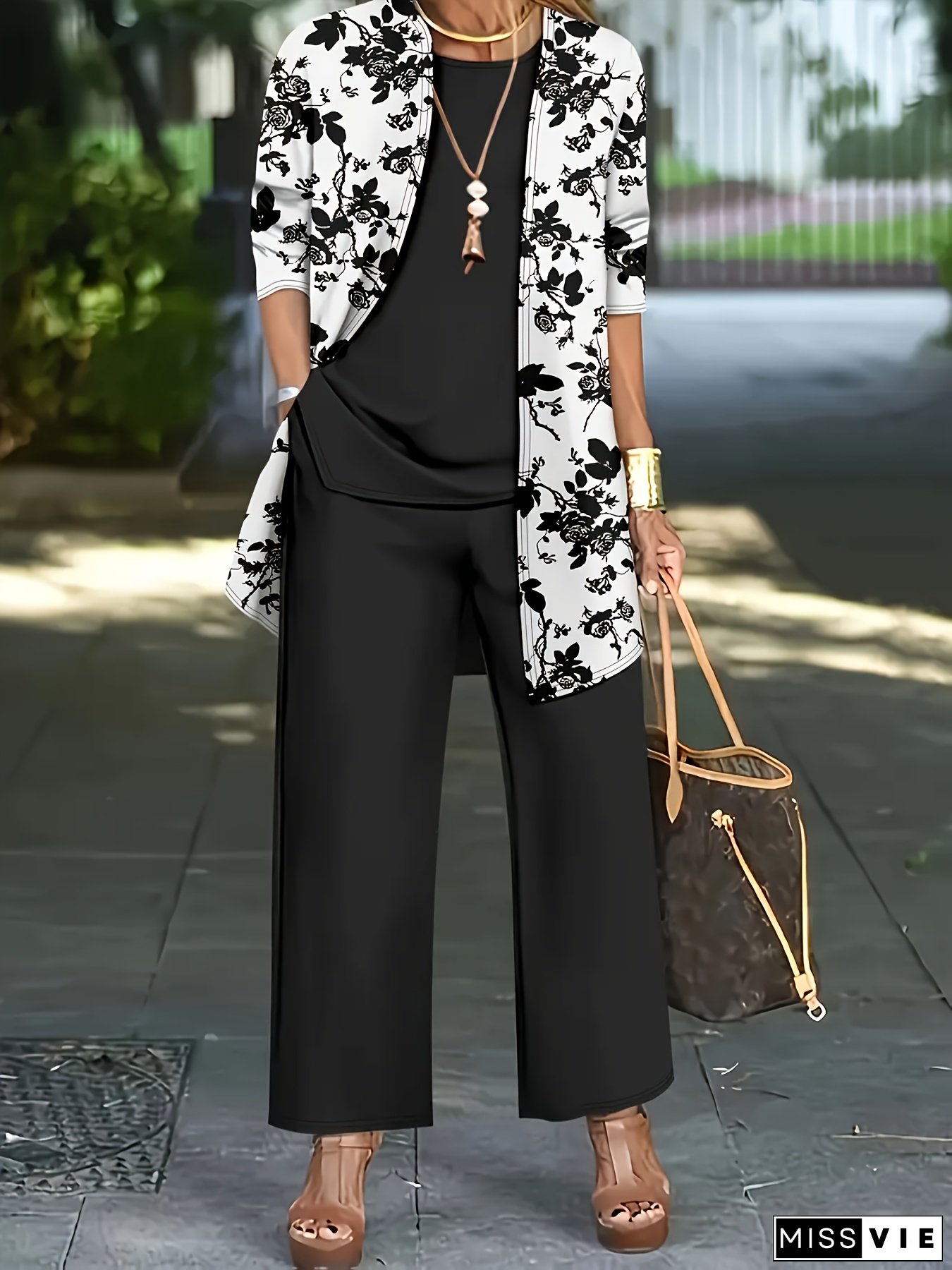 Womens Elegant Floral Print Set Cardigan Jacket Tank Top Slacks All-Season Versatile