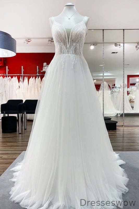Dresseswow Classic Long V-Neck Sequined Ruffles Backless Wedding Dress With Tulle