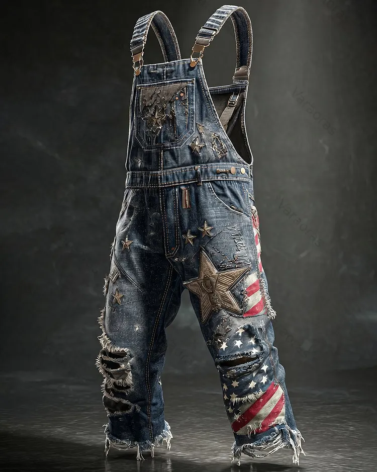 Men's Summer Outdoor Casual Independence Day 3D Embroidered Denim Jumpsuit Overalls 1224