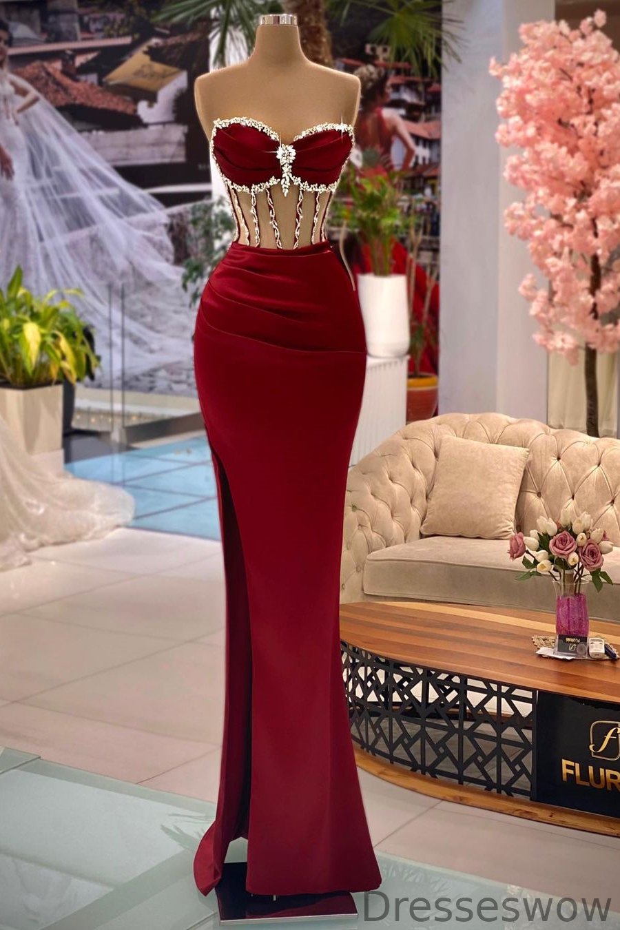 Dresseswow Burgundy Sweetheart Sleeveless Mermaid Formal Dresses With Split Beadings