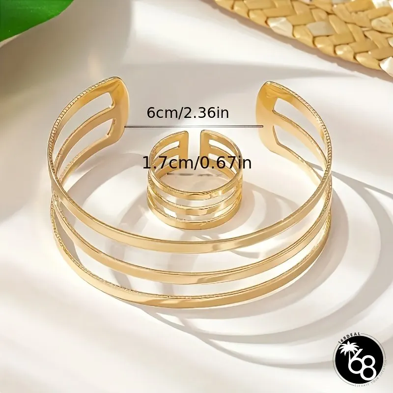 2pcs Stainless Steel Hollow Three-Layer Open Bracelet Ring Set for Women Minimalist | 168DEAL