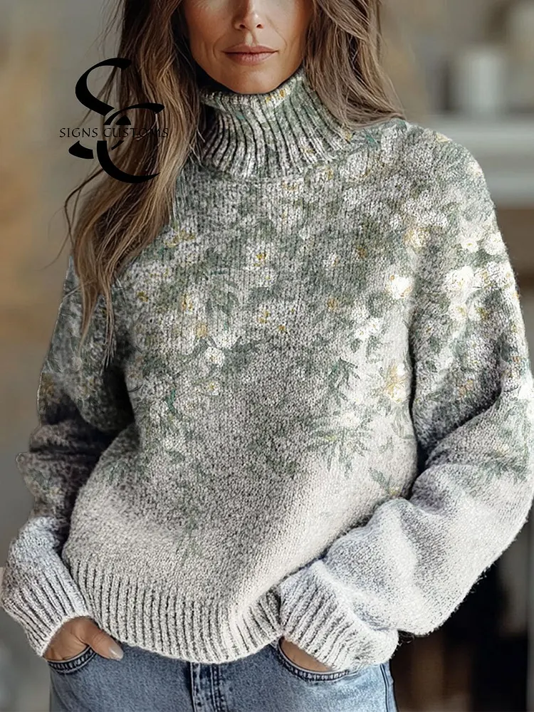 Women's Vintage Art Flower Print Knit Turtleneck Pullover Sweater