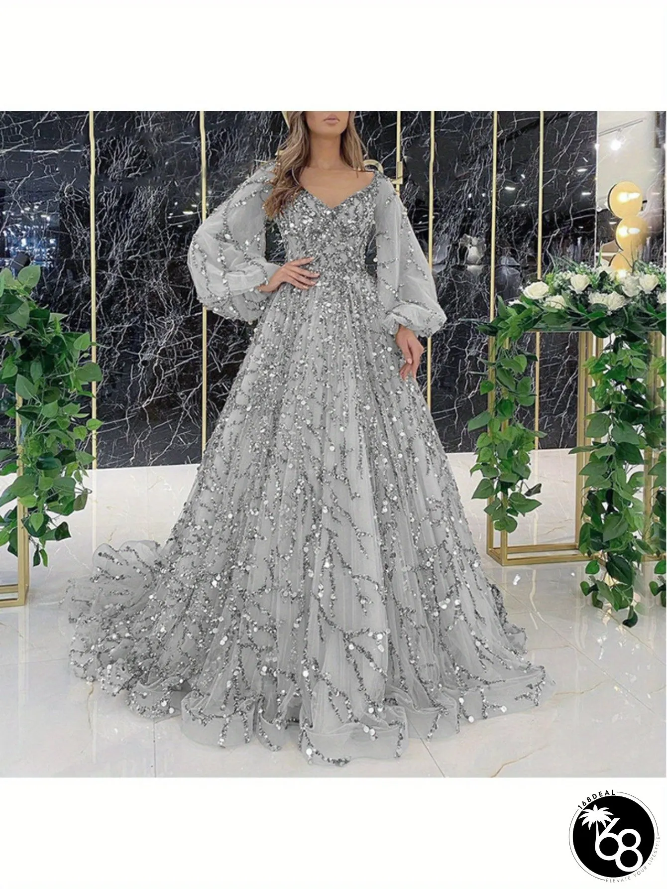 Elegant Rhinestone-Embellished Long Gown V-Neck Sleeve Floor-Length Evening Dress Perfect | 168DEAL
