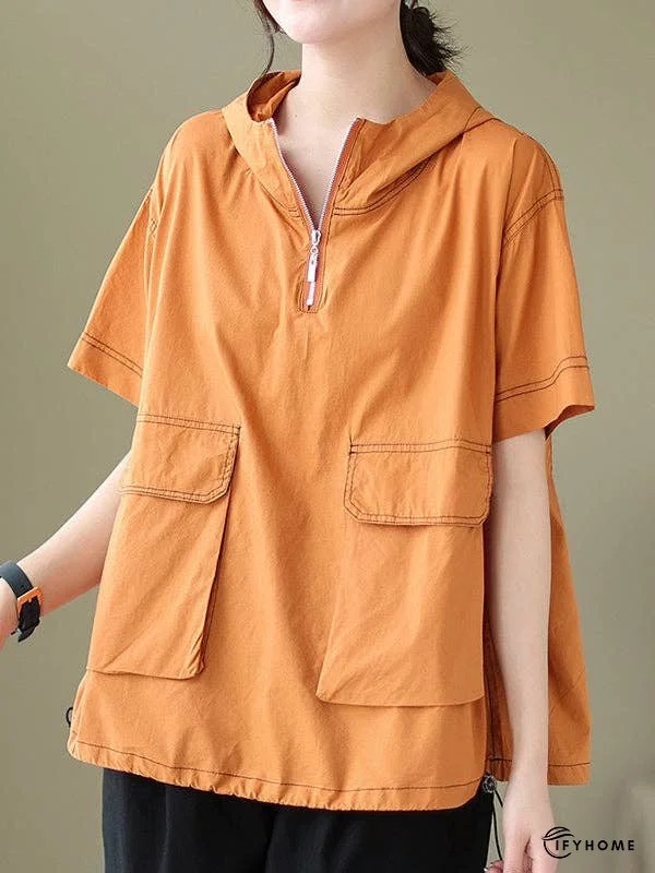 Loose Short Sleeves Zipper Hooded T-Shirts Tops | IFYHOME