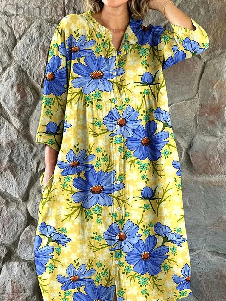 Women's  Floral Art Print Elegant Simple  Cotton Shirt Dress